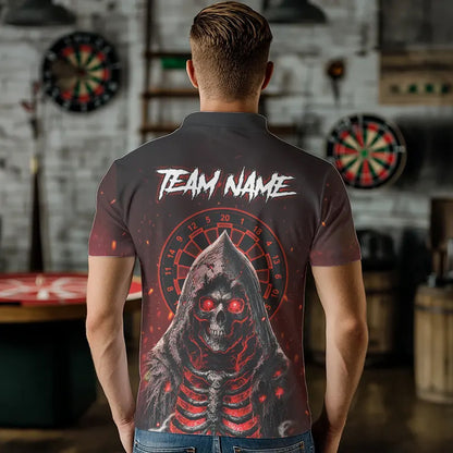Red And Black Glowing Fire Grim Reaper Dart Shirts For Men Custom Dart Jerseys Polo & 1/4 Zip TDM3712