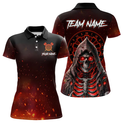 Red And Black Glowing Fire Grim Reaper Dart Shirts For Women Custom Dart Jerseys Polo & 1/4 Zip TDM3712