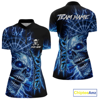 Blue Darts Skull Polo & Quarter Zip Shirt For Women Custom Thunder Lighting Darts Team Jersey TDM6061
