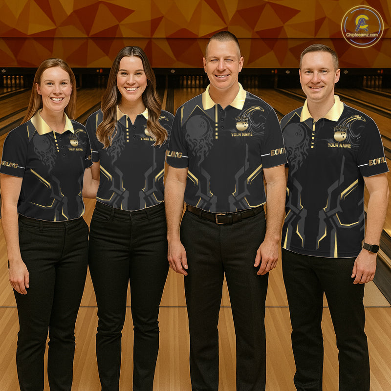 Custom Black And Gold Bowling Shirt For Women, Bowling Tournament Team Jersey Polo & 1/4 Zip TDM6318