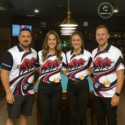 Custom Red 8 Ball & 9 Ball Pool Bull Billiard Shirt For Women, Billiard Team Jersey Polo & 1/4 Zip TDM6493
