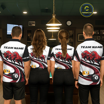 Custom Red 8 Ball & 9 Ball Pool Bull Billiard Shirt For Women, Billiard Team Jersey Polo & 1/4 Zip TDM6493