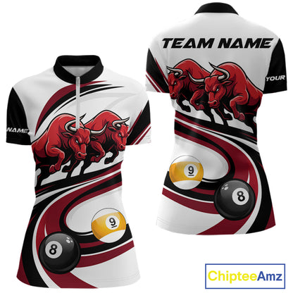 Custom Red 8 Ball & 9 Ball Pool Bull Billiard Shirt For Women, Billiard Team Jersey Polo & 1/4 Zip TDM6493