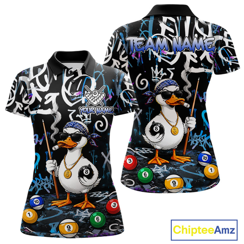 Colorful Graffiti Funny Duck 8 Ball Billiard Shirt For Women Custom Pool Team Jersey Polo & 1/4 Zip TDM6497