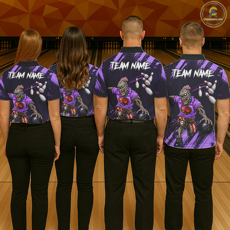 Custom Purple Funny Zombie Bowling Shirt For Women, Bowling Team League Jersey Polo & Quarter Zip TDM6499