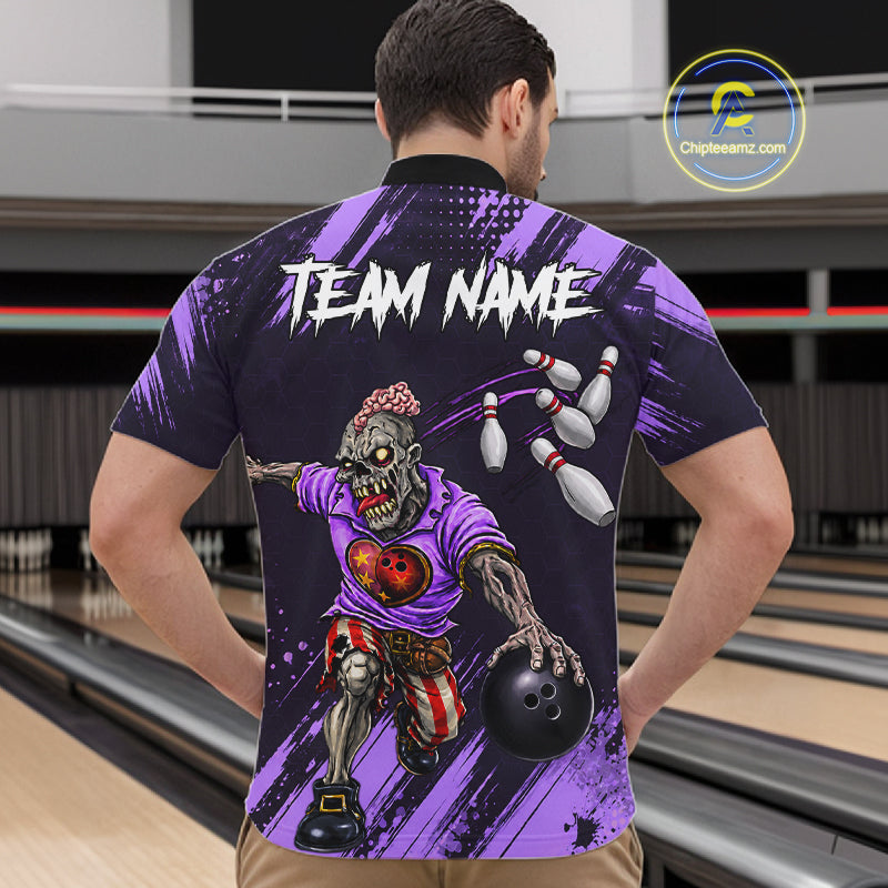 Custom Purple Funny Zombie Bowling Shirt For Men, Bowling Team League Jersey Polo & Quarter Zip TDM6499
