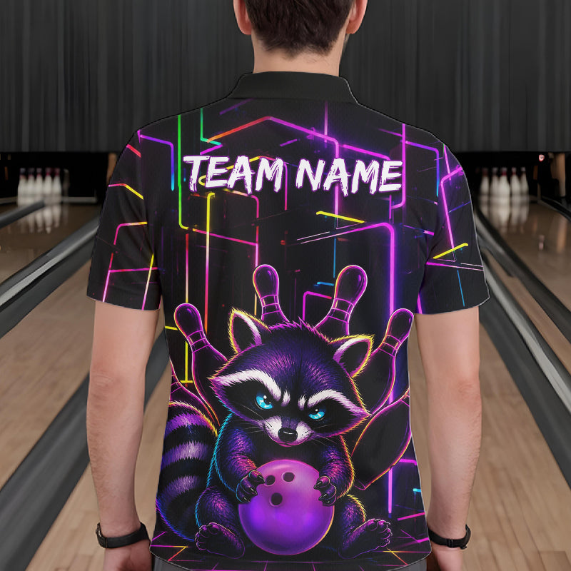 Back view of man wearing a funny purple neon raccoon bowling polo shirt inside a bowling alley.