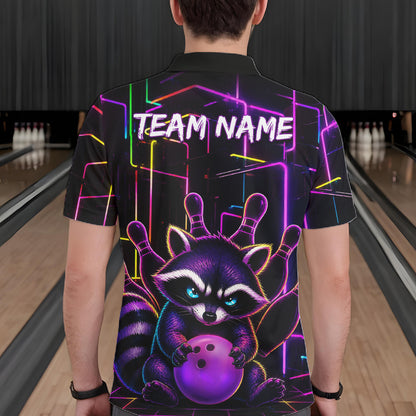 Back view of man wearing a funny purple neon raccoon bowling polo shirt inside a bowling alley.