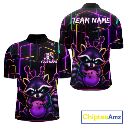 Funny purple neon raccoon bowling quarter zip shirt for men designed for tournaments and league play.