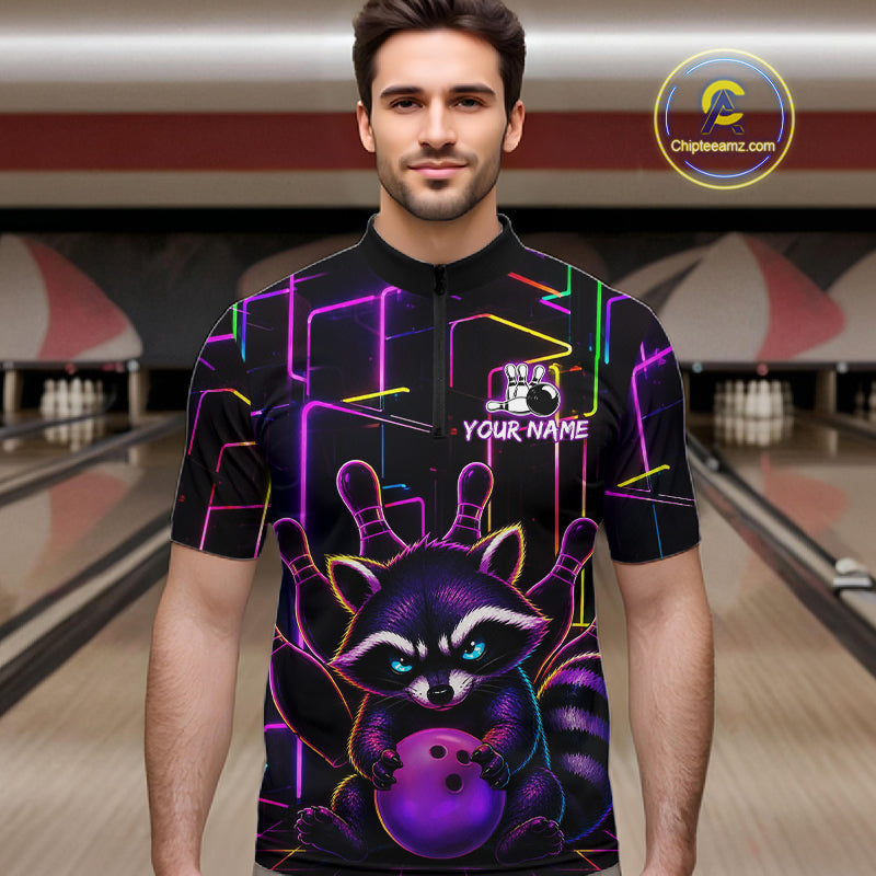 Man wearing a funny purple neon raccoon bowling quarter zip jersey during league competition front view.