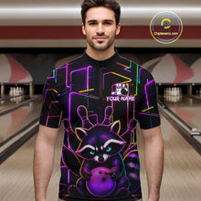 Load image into Gallery viewer, Man wearing a funny purple neon raccoon bowling quarter zip jersey during league competition front view.
