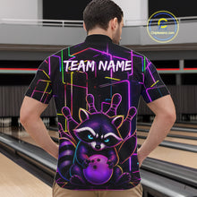 Load image into Gallery viewer, Back view of man wearing a funny purple neon raccoon bowling quarter zip shirt in a bowling alley.