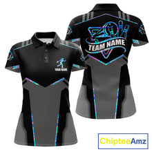 Load image into Gallery viewer, Holographic bowling polo shirt for women with custom bowling team graphics.