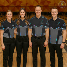 Load image into Gallery viewer, Bowling team wearing matching holographic bowling jerseys during league matches front view.