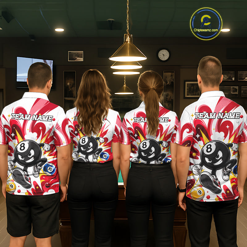 Billiard team wearing matching red funny 8 ball pool graffiti team jerseys featuring vibrant street art graphics, back view.
