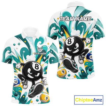 Teal funny 8 ball pool graffiti billiard team jersey polo shirt for men featuring colorful graffiti artwork, premium custom pool league apparel for tournaments, league matches and competitive billiard players.