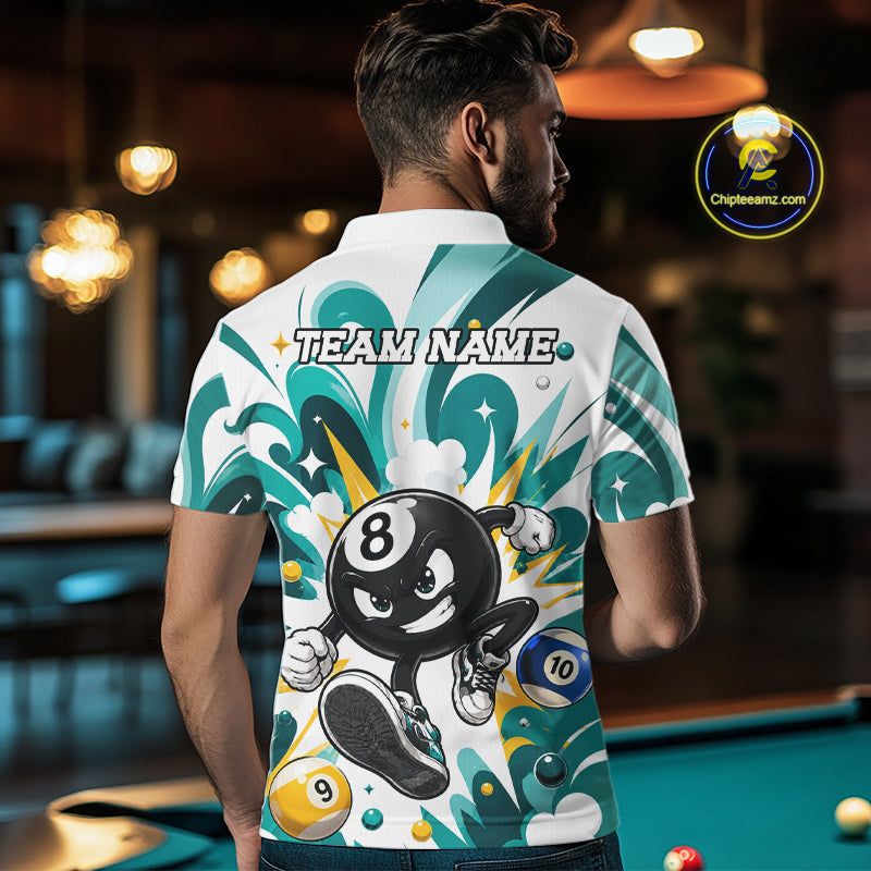 Man wearing teal funny 8 ball pool graffiti billiard team jersey polo shirt featuring colorful graffiti artwork, back view.