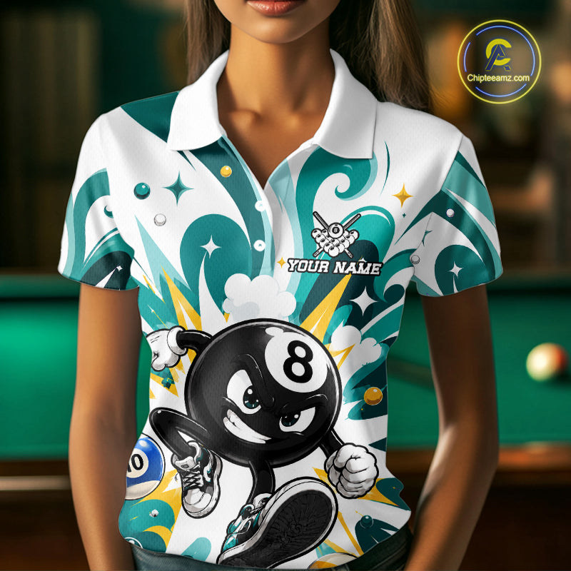 Woman wearing teal funny 8 ball pool graffiti billiard team jersey polo shirt featuring colorful graffiti artwork, front view.