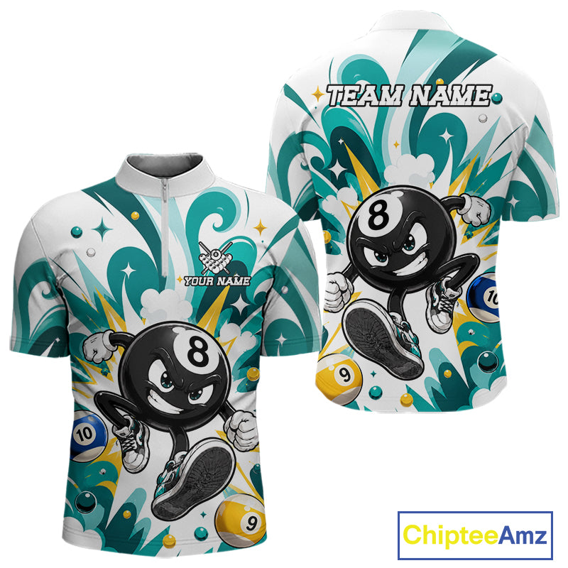 Teal funny 8 ball pool graffiti billiard team jersey quarter zip shirt for men featuring bold graffiti graphics, premium custom billiard league apparel for tournament play.