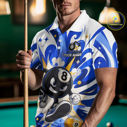 Man wearing funny silver 9 ball pool billiard team jersey polo shirt featuring the humorous 9 ball artwork, front view.