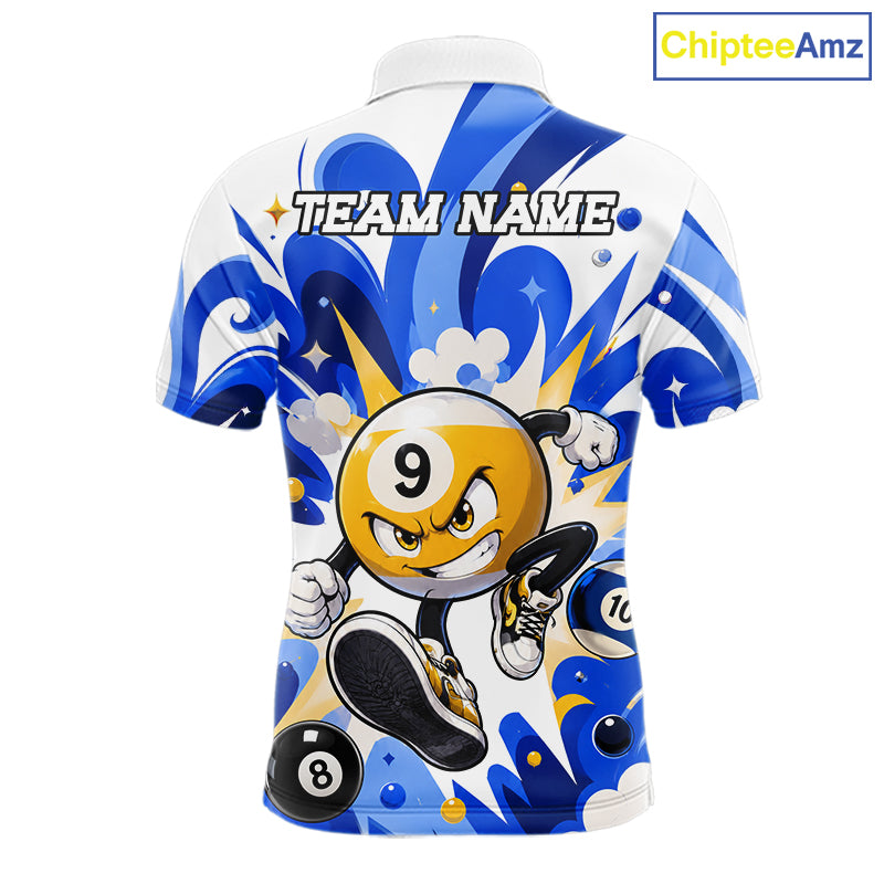 Funny silver 9 ball pool billiard team jersey polo shirt for men featuring a humorous 9 ball design, premium custom pool team apparel and billiard league jersey for tournaments, league play and everyday competition.