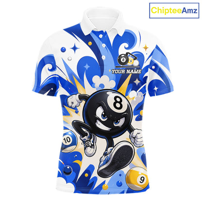 Funny silver 9 ball pool billiard team jersey polo shirt for men featuring a humorous 9 ball design, premium custom pool team apparel and billiard league jersey for tournaments, league play and everyday competition.
