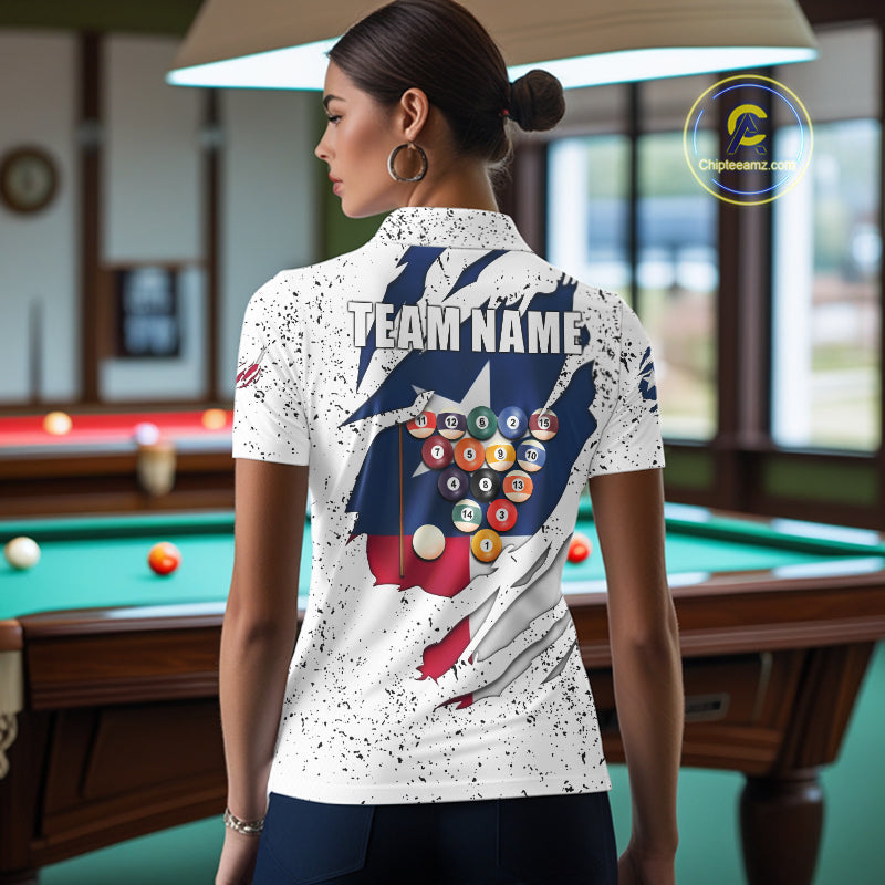 Woman wearing black grunge Texas flag 8 ball pool billiard team jersey polo shirt featuring distressed patriotic Texas flag artwork, back view.