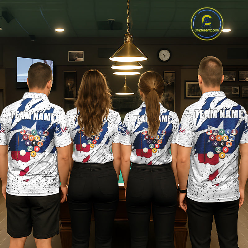 Billiard team wearing matching black grunge Texas flag 8 ball pool team jerseys featuring patriotic distressed artwork, back view.