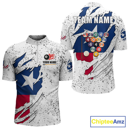 Black grunge Texas flag 8 ball pool billiard team jersey quarter zip shirt for men featuring distressed patriotic Texas flag graphics, premium custom billiard league apparel for tournament competition.