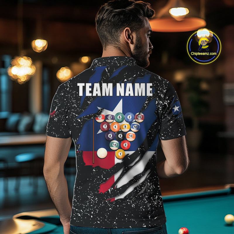 Man wearing white grunge Texas flag 8 ball pool billiard team jersey polo shirt featuring distressed patriotic Texas flag artwork, back view.