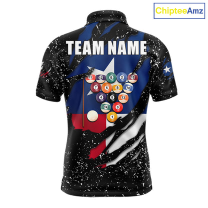 White grunge Texas flag 8 ball pool billiard team jersey polo shirt for men featuring distressed Texas flag artwork with bold patriotic styling, premium custom pool league apparel for tournaments, league play and competitive billiard teams.