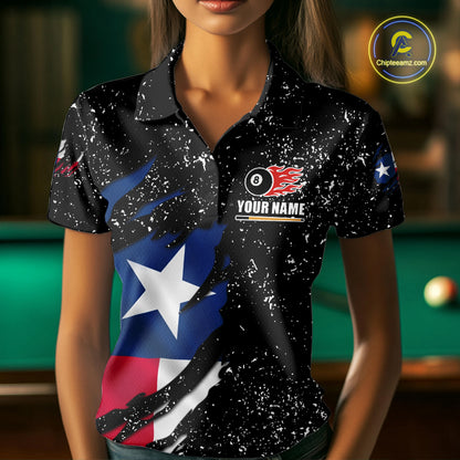 Woman wearing white grunge Texas flag 8 ball pool billiard team jersey polo shirt featuring distressed patriotic Texas flag artwork, front view.