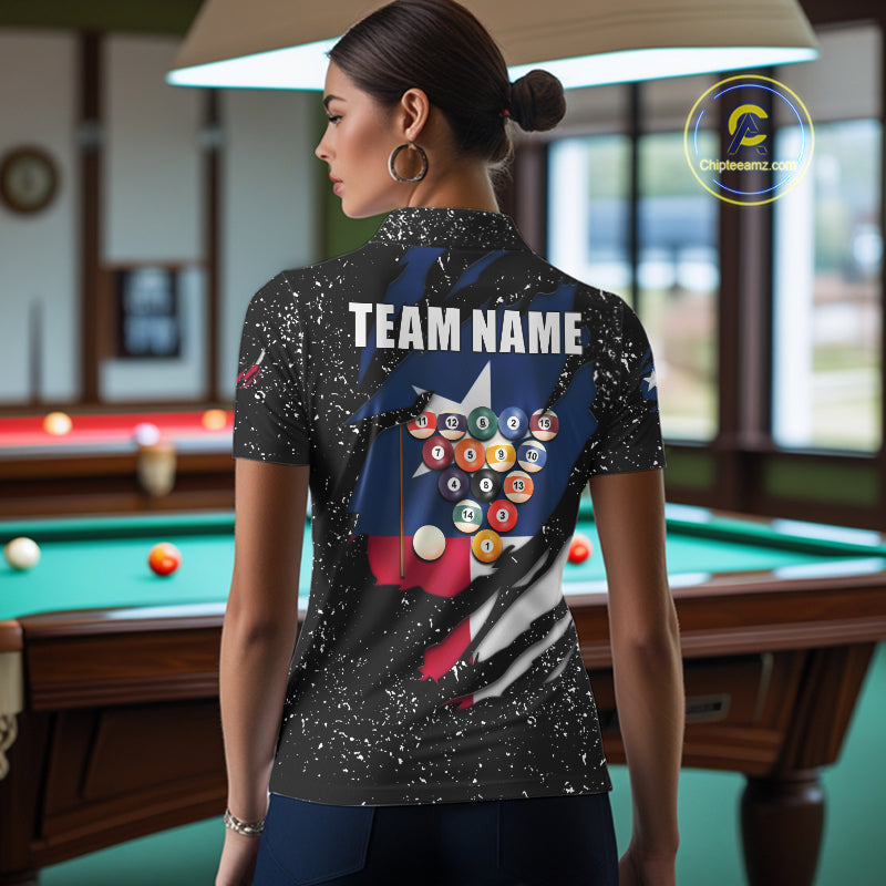Woman wearing white grunge Texas flag 8 ball pool billiard team jersey polo shirt featuring distressed patriotic Texas flag artwork, back view.