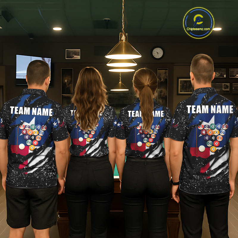 Billiard team wearing matching white grunge Texas flag 8 ball pool team jerseys featuring patriotic distressed artwork, back view.