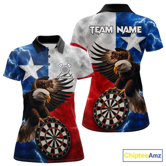 Texas flag eagle lightning darts team jersey polo shirt for women featuring patriotic Texas flag artwork with a soaring eagle and lightning graphics, premium custom darts league apparel for tournaments and competitive dart players.