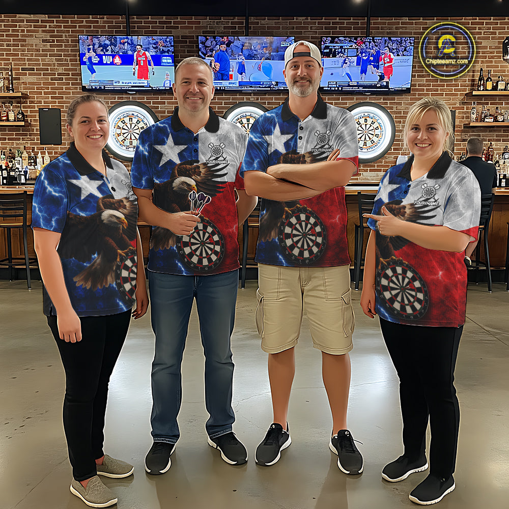 Darts team wearing matching Texas flag eagle lightning team jerseys featuring patriotic eagle and lightning graphics, front view.