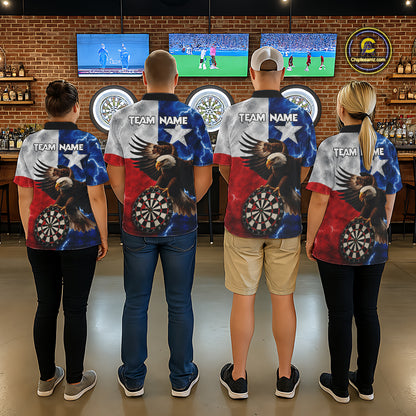 Darts team wearing matching Texas flag eagle lightning team jerseys featuring patriotic eagle and lightning graphics, back view.