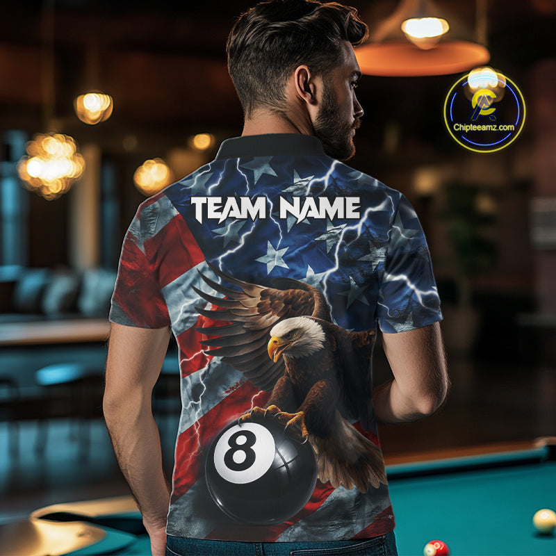Man wearing American flag eagle lightning 8 ball billiard pool team jersey polo shirt featuring patriotic eagle artwork, back view.