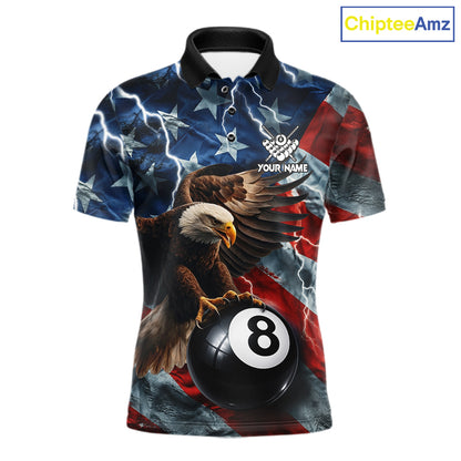 American flag eagle lightning 8 ball billiard pool team jersey polo shirt for men featuring patriotic eagle artwork with lightning effects, premium custom pool league apparel for tournaments and league play.