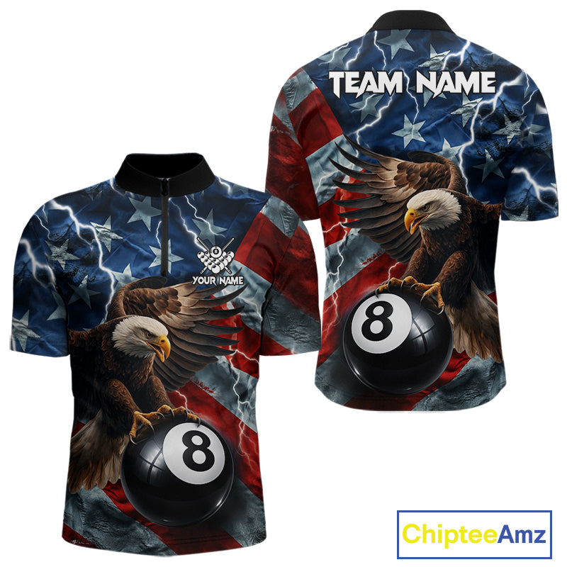 American flag eagle lightning 8 ball billiard pool team jersey quarter zip shirt for men featuring patriotic eagle graphics and lightning artwork for competitive billiard players.