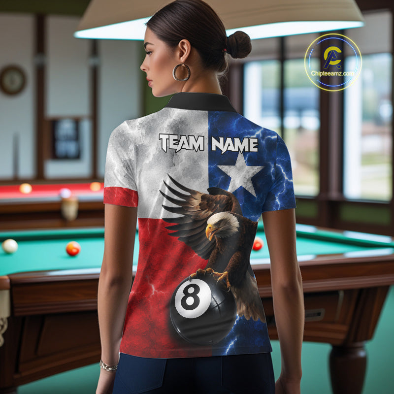 Woman wearing Texas flag eagle lightning 8 ball billiard pool team jersey polo shirt featuring patriotic Texas eagle artwork, back view.