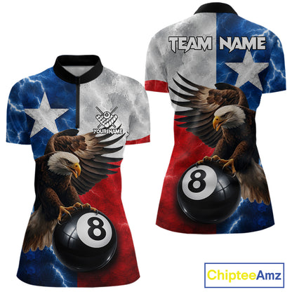 Texas flag eagle lightning 8 ball billiard pool team jersey quarter zip shirt for women featuring bold Texas flag eagle graphics and lightning artwork.