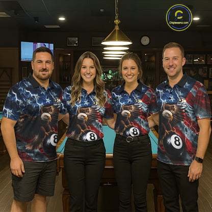 Billiard team wearing matching American flag eagle lightning 8 ball and 9 ball pool team jerseys featuring patriotic graphics, front view.
