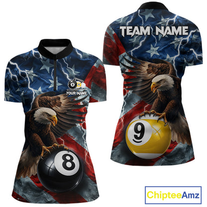 American flag eagle lightning 8 ball billiard pool team jersey quarter zip shirt for women featuring patriotic eagle graphics and lightning artwork for competitive billiard players.