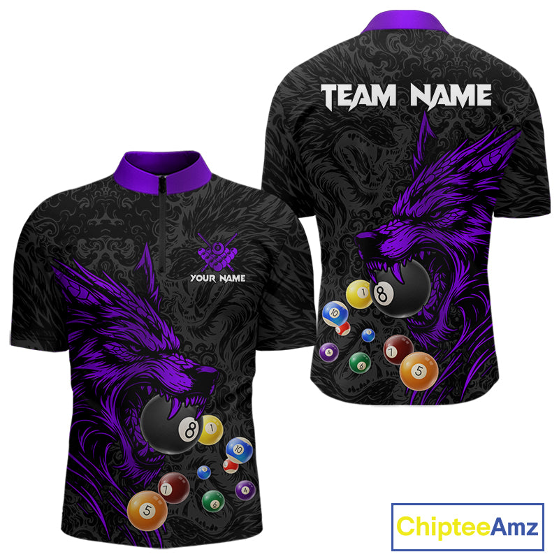 Personalized Wolf Billiard Balls Pool Shirt For Men, Black And Purple Billiard League Team Jersey TDM5203