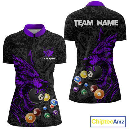 Personalized Wolf Billiard Balls Pool Shirt For Women, Black And Purple Billiard League Team Jersey TDM5203
