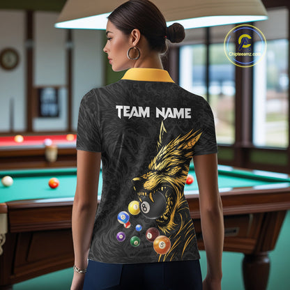 Personalized Wolf Billiard Balls Pool Shirts For Women, Black And Gold Billiard League Team Jerseys TDM5204