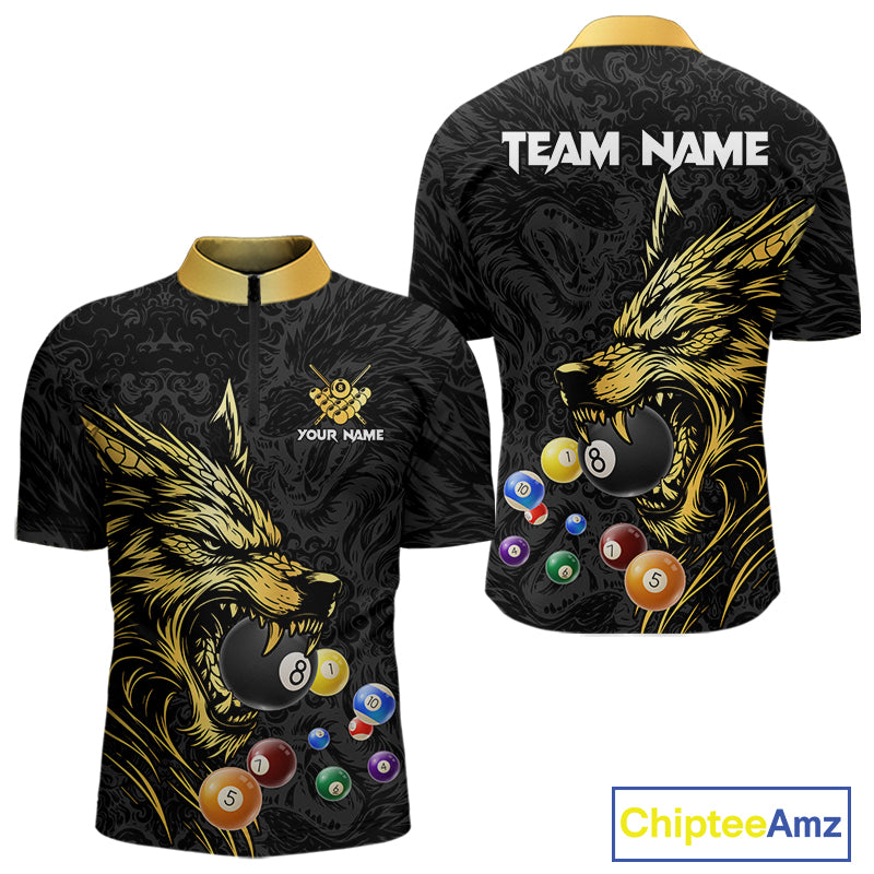Personalized Wolf Billiard Balls Pool Shirts For Men, Black And Gold Billiard League Team Jerseys TDM5204