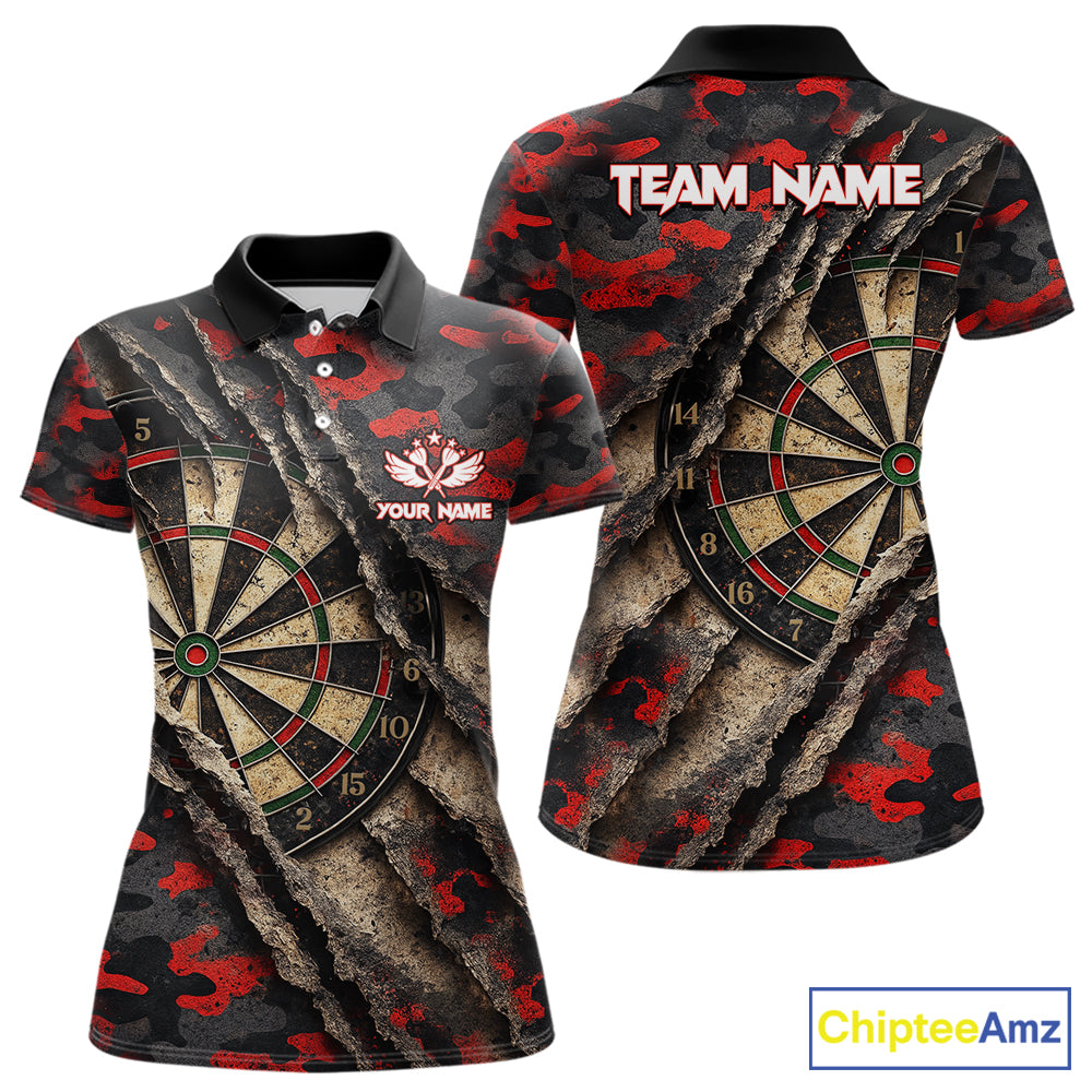 Red Retro Grunge Camo Darts Shirt For Women Custom Darts Jersey Team Polo & Quarter Zip Uniform TDM5448