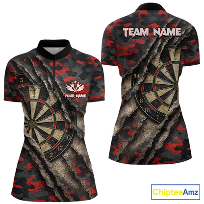 Red Retro Grunge Camo Darts Shirt For Women Custom Darts Jersey Team Polo & Quarter Zip Uniform TDM5448
